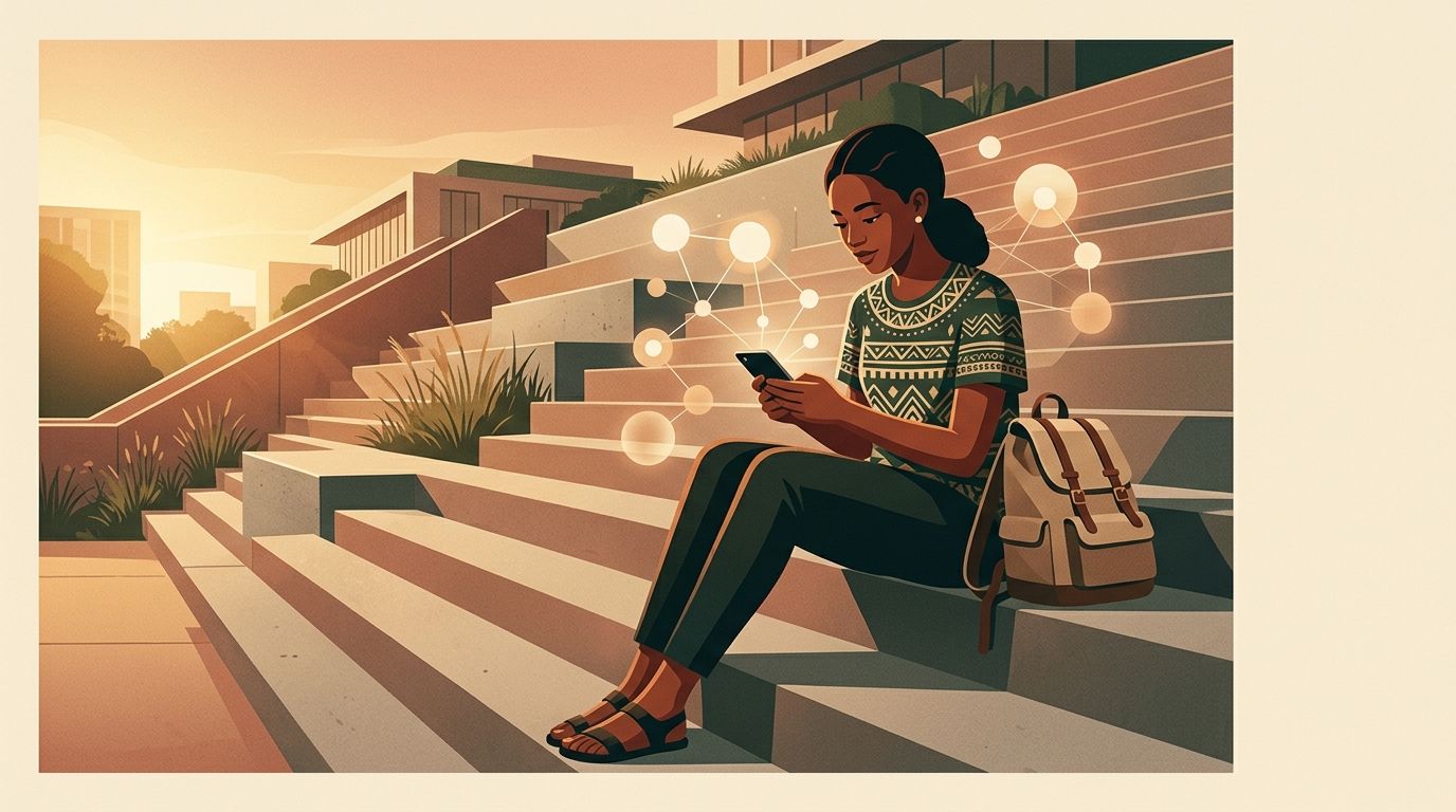 Une jeune étudiante assise sur des marches en ville, qui apprend sur son smartphone