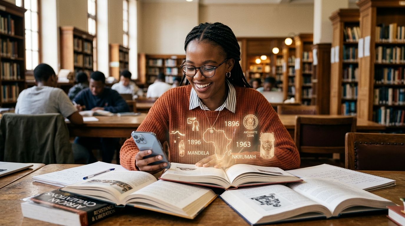 Une jeune étudiante africaine souriante révisant avec son smartphone et des livres dans une bibliothèque universitaire