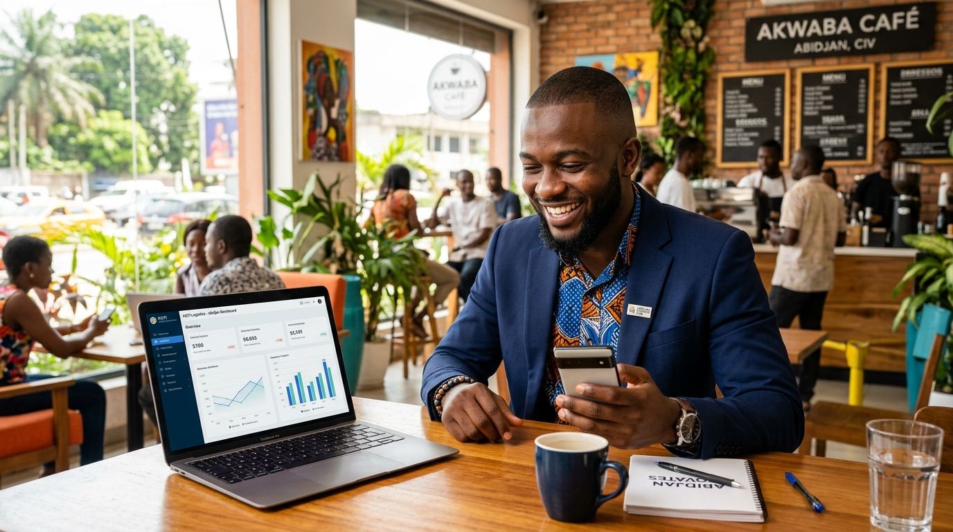 Jeune entrepreneur ivoirien souriant travaillant avec smartphone et ordinateur dans un café moderne à Abidjan