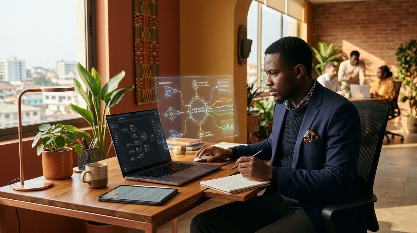 Un jeune professionnel collaborant avec des agents d'intelligence artificielle dans un espace de travail moderne