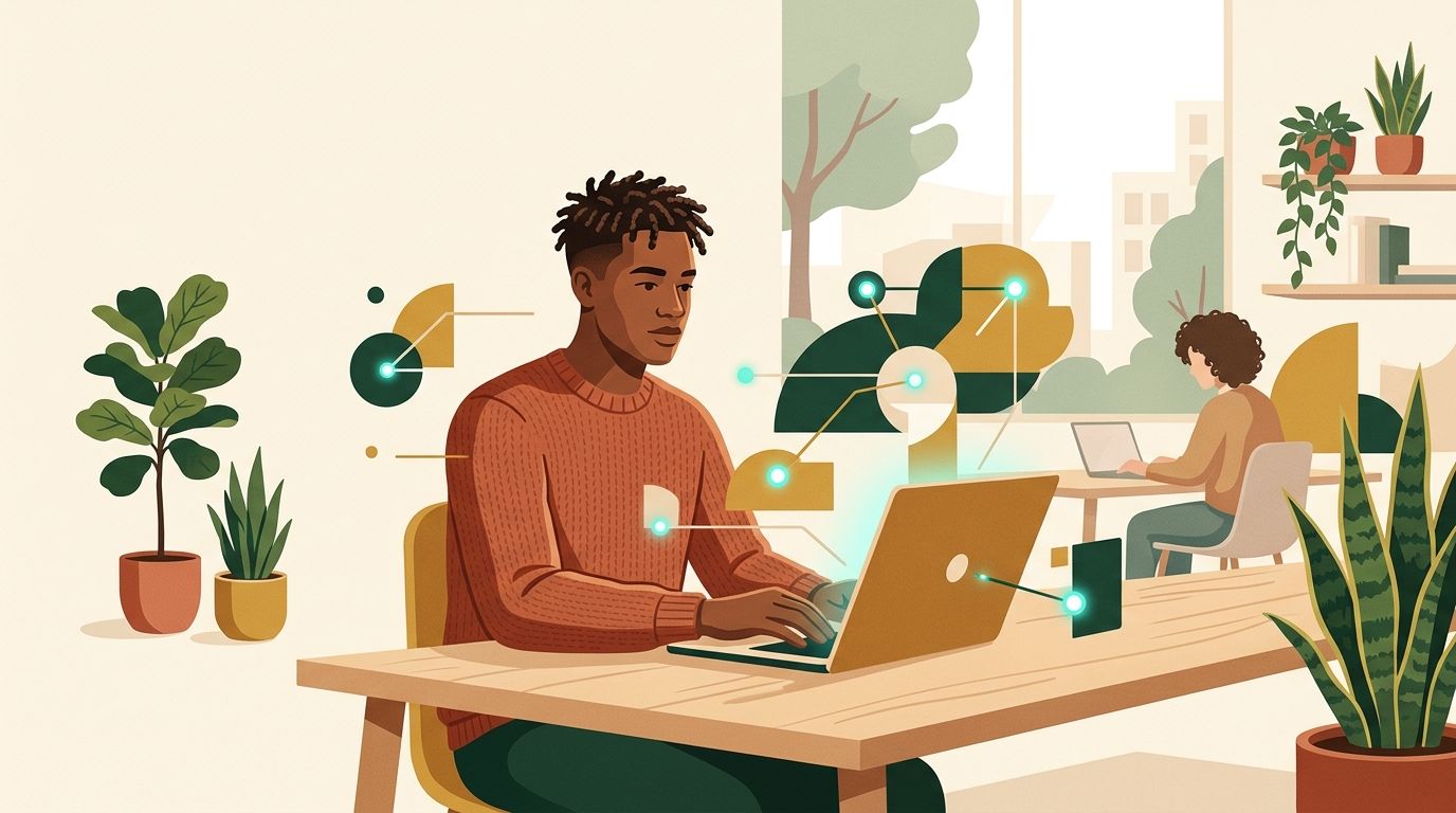 Un jeune homme travaille sur un ordinateur portable dans un espace de coworking lumineux
