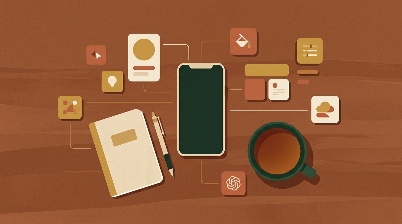 Vue de dessus d'un bureau avec un smartphone, un carnet et une tasse de thé, entourés d'icônes d'applications