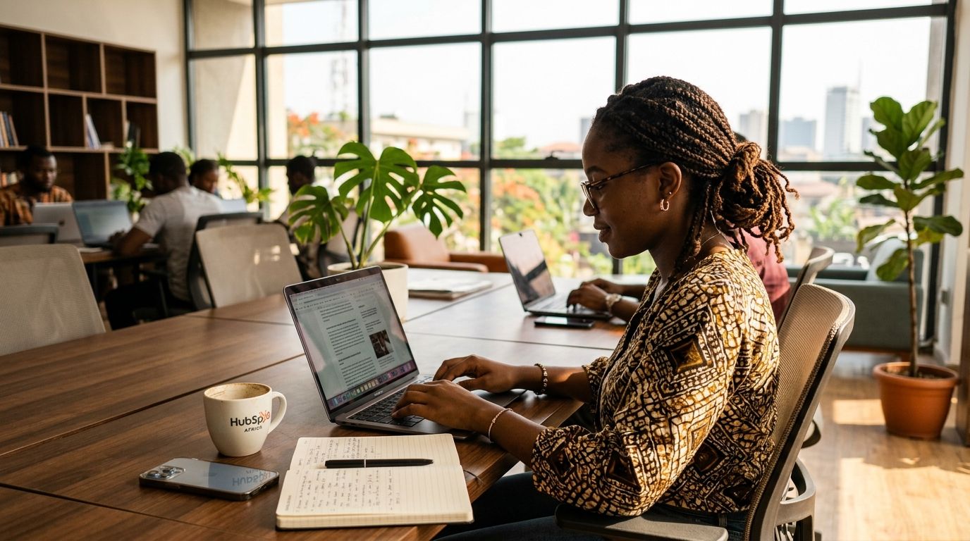 Une jeune rédactrice africaine travaillant concentrée sur son ordinateur portable dans un espace lumineux