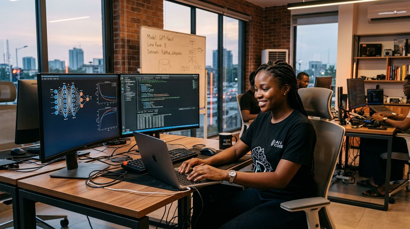 Une développeuse africaine configure et optimise un modèle d'IA open source dans un bureau moderne