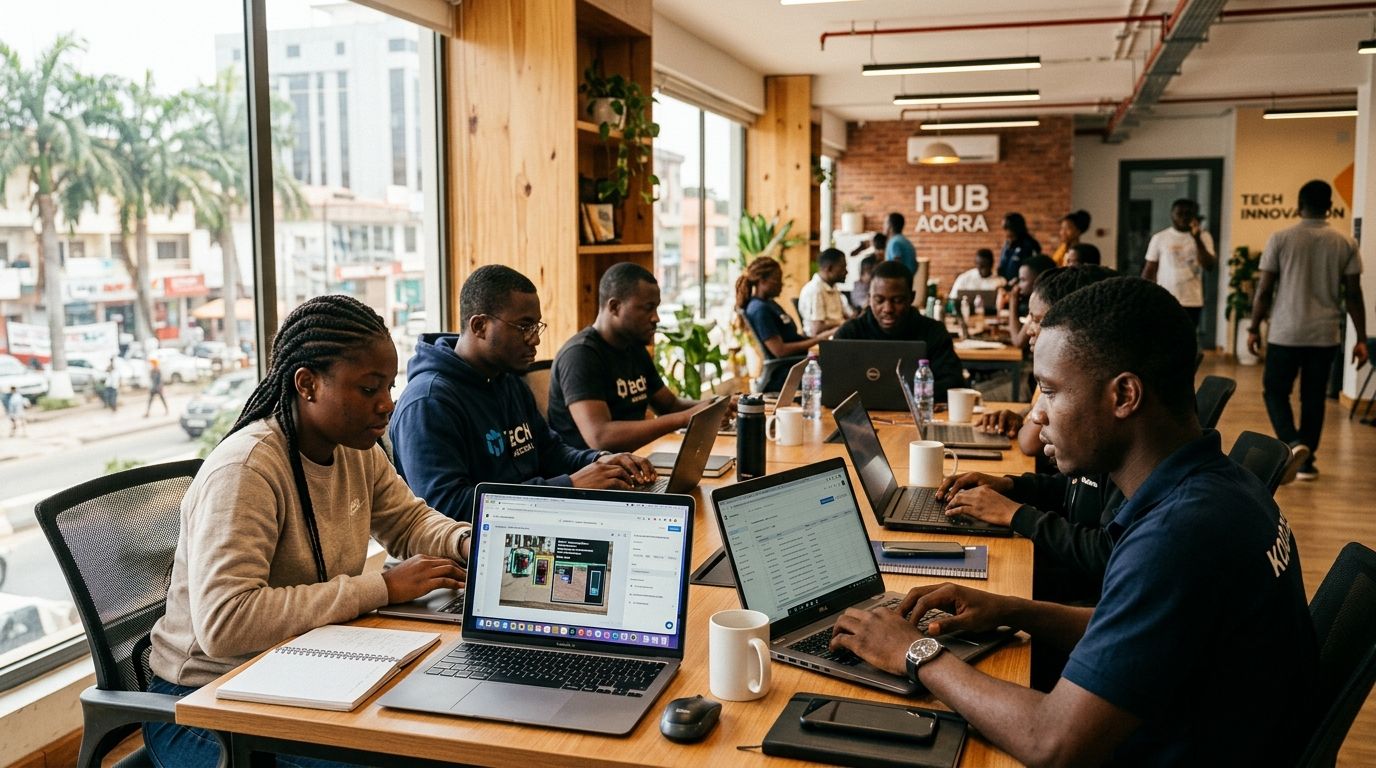 Jeunes professionnels africains collaborant sur des ordinateurs portables dans un hub technologique lumineux